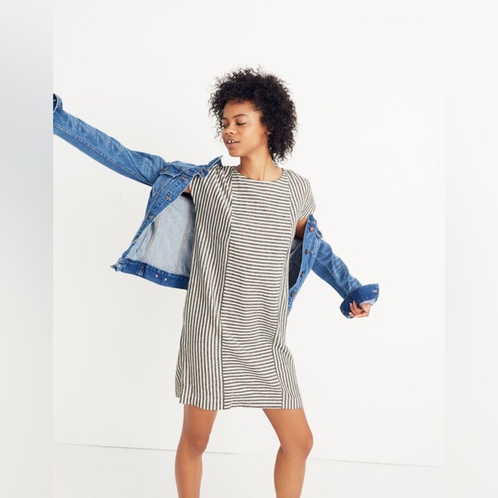 Madewell Black and White Striped Linen Blend Play Button-Back Tee Dress,small